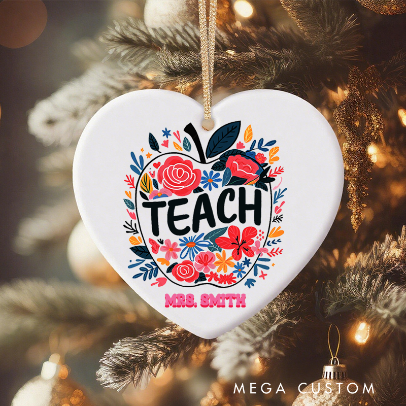 Personalized Teacher Christmas Ornament Flower Apple Teach Teacher Appreciation Ornament Gift