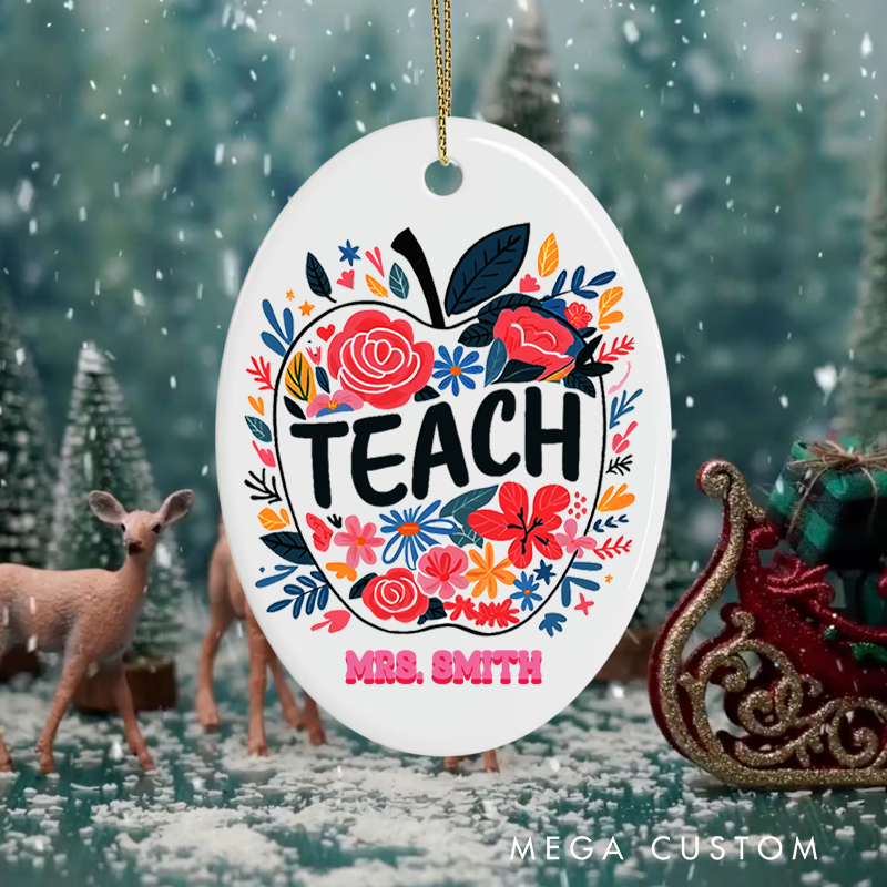 Personalized Teacher Christmas Ornament Flower Apple Teach Teacher Appreciation Ornament Gift