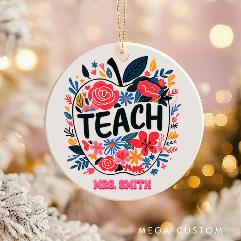 Personalized Teacher Christmas Ornament Flower Apple Teach Teacher Appreciation Ornament Gift