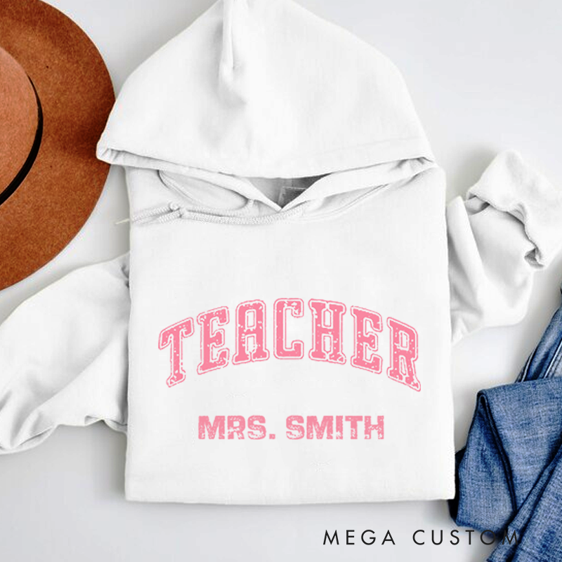 Personalized Teacher Appreciation Distressed Pink Arch Design Hoodies