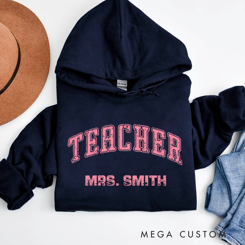 Personalized Teacher Appreciation Distressed Pink Arch Design Hoodies