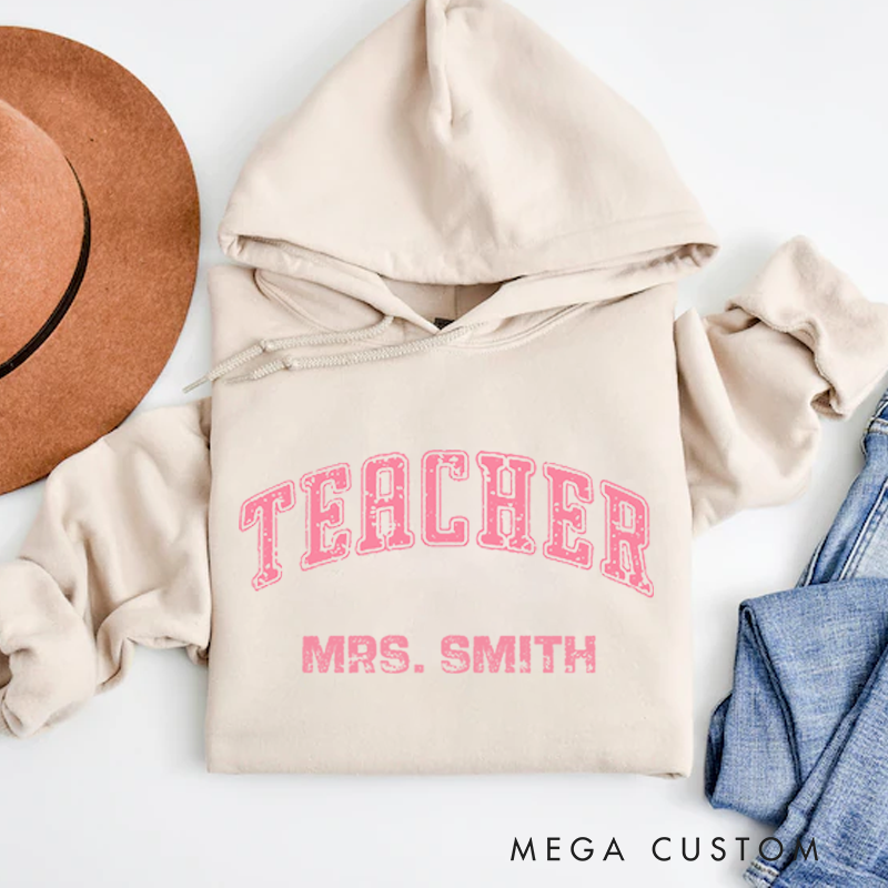 Personalized Teacher Appreciation Distressed Pink Arch Design Hoodies