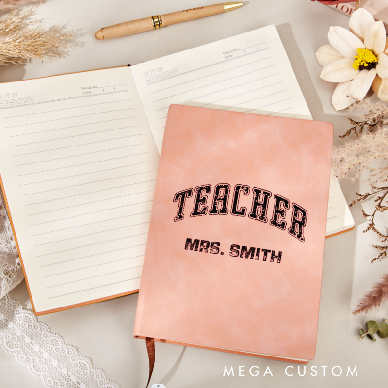 Personalized Teacher Appreciation Distressed Pink Arch Design Leather Notebook