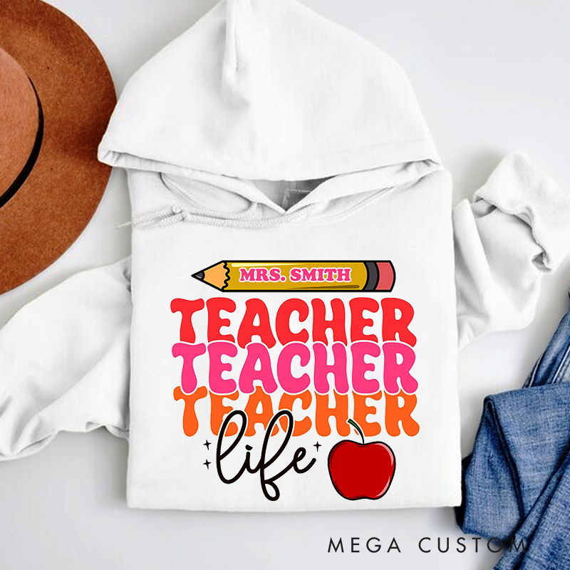 Personalized Teacher Life Bold Multicolor Text Design with Heart and Whimsy Hoodies