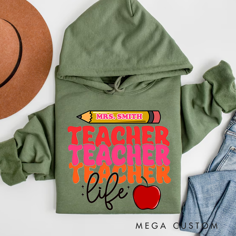 Personalized Teacher Life Bold Multicolor Text Design with Heart and Whimsy Hoodies