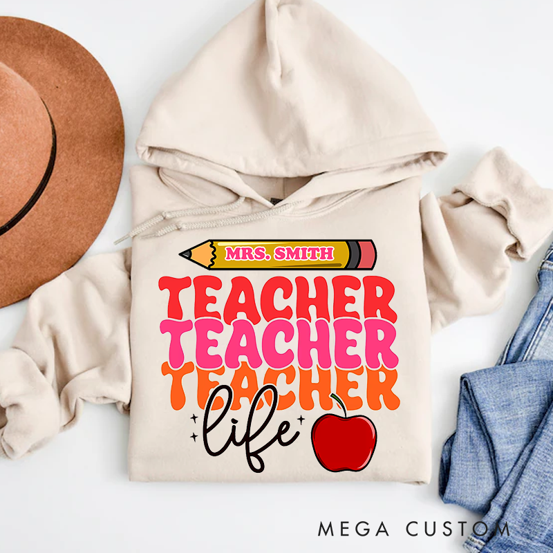Personalized Teacher Life Bold Multicolor Text Design with Heart and Whimsy Hoodies