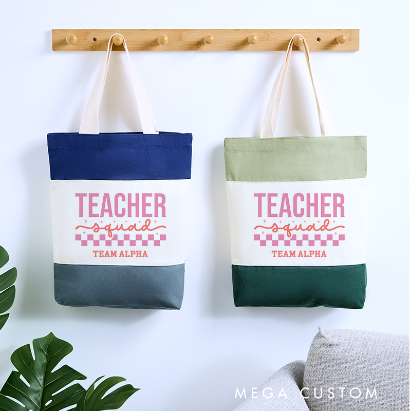 Personalized Teacher Squad Pink Checkerboard Design Tri Color Canvas Tote Bag Team Spirit Gift for Educators Gift for Teachers