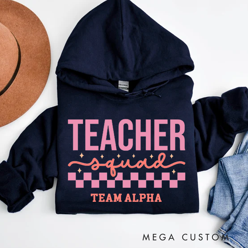 Personalized Teacher Squad Pink Checkerboard Design Hoodies Team Spirit Gift for Educators Gift for Teachers