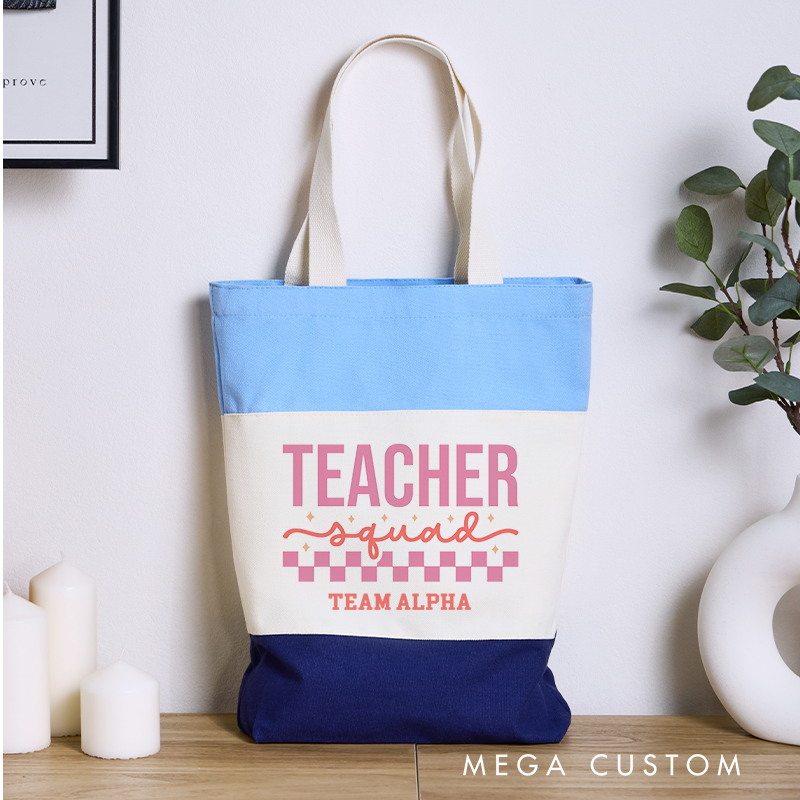 Personalized Teacher Squad Pink Checkerboard Design Tri Color Canvas Tote Bag Team Spirit Gift for Educators Gift for Teachers