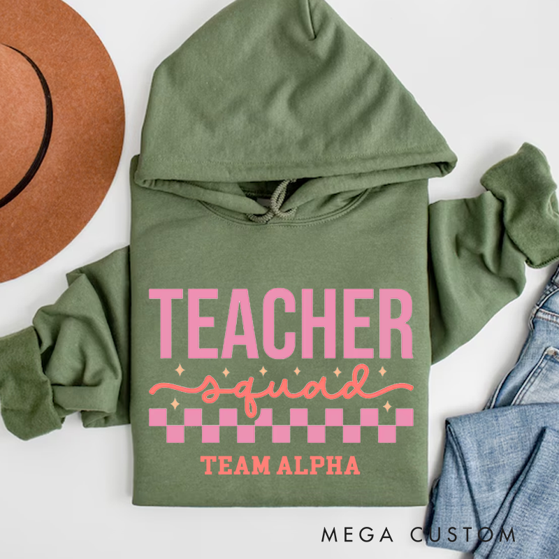 Personalized Teacher Squad Pink Checkerboard Design Hoodies Team Spirit Gift for Educators Gift for Teachers