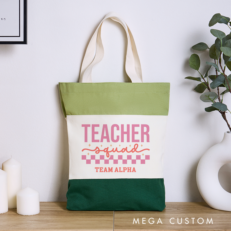 Personalized Teacher Squad Pink Checkerboard Design Tri Color Canvas Tote Bag Team Spirit Gift for Educators Gift for Teachers