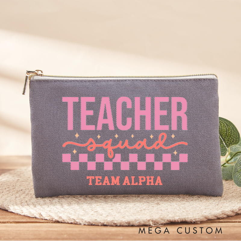 Personalized Teacher Squad Pink Checkerboard Design Makeup Bag Team Spirit Gift for Educators Gift for Teacher