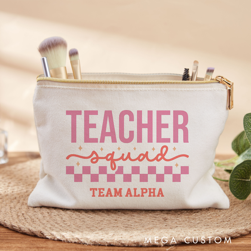 Personalized Teacher Squad Pink Checkerboard Design Makeup Bag Team Spirit Gift for Educators Gift for Teacher