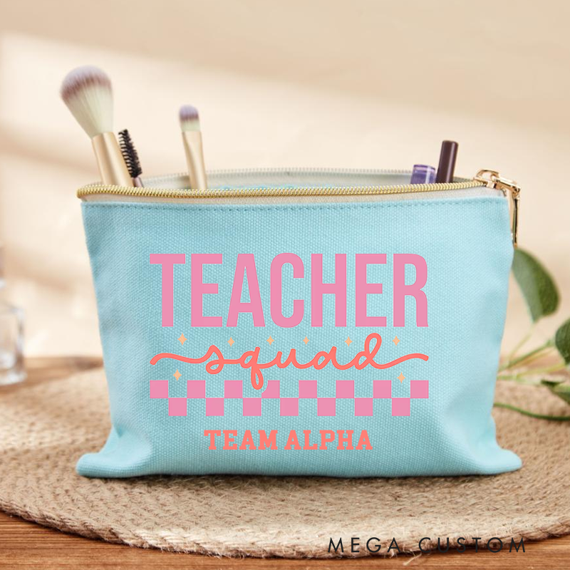 Personalized Teacher Squad Pink Checkerboard Design Makeup Bag Team Spirit Gift for Educators Gift for Teacher