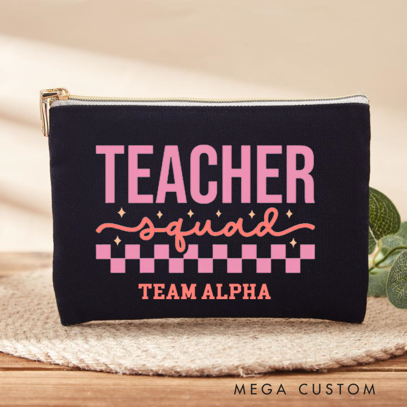 Personalized Teacher Squad Pink Checkerboard Design Makeup Bag Team Spirit Gift for Educators Gift for Teacher