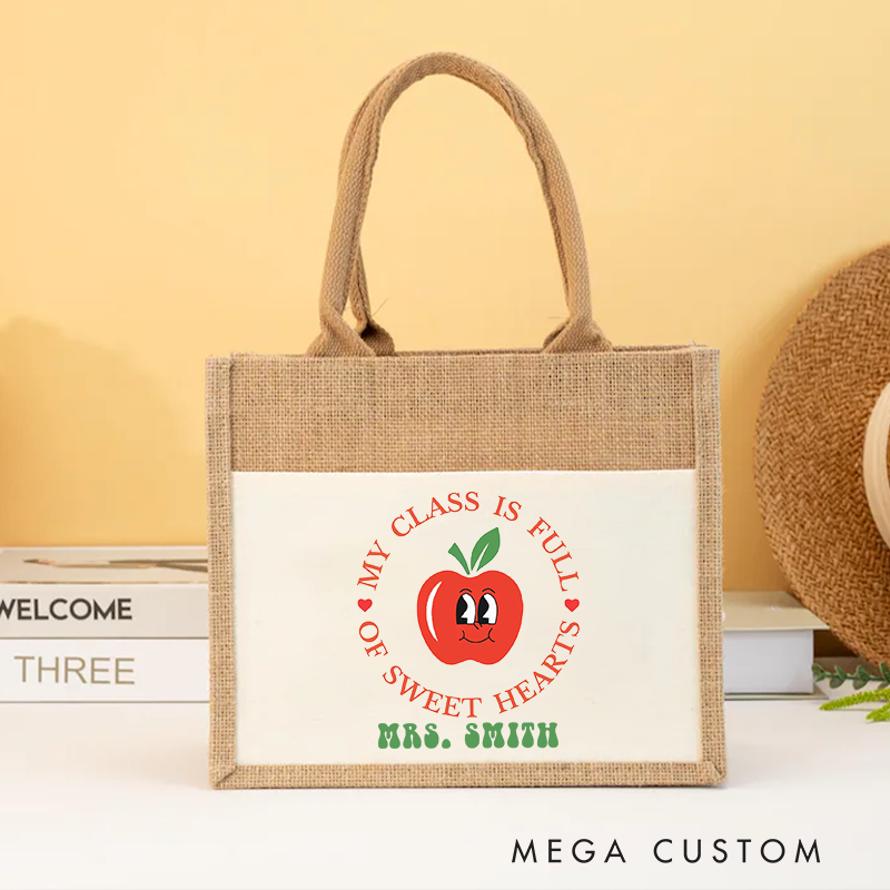Personalized My Class Is Full of Sweet Hearts Teacher Burlap Tote Bag Teacher Gift with Cute Apple Design for Teacher