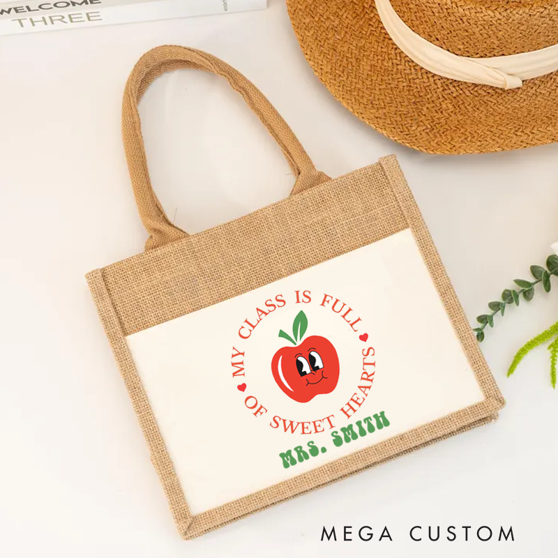 Personalized My Class Is Full of Sweet Hearts Teacher Burlap Tote Bag Teacher Gift with Cute Apple Design for Teacher