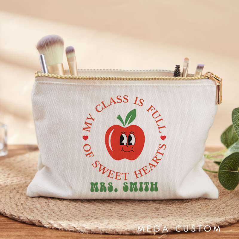 Personalized My Class Is Full of Sweet Hearts Makeup Bag Teacher Gift with Cute Apple Design for Teachers
