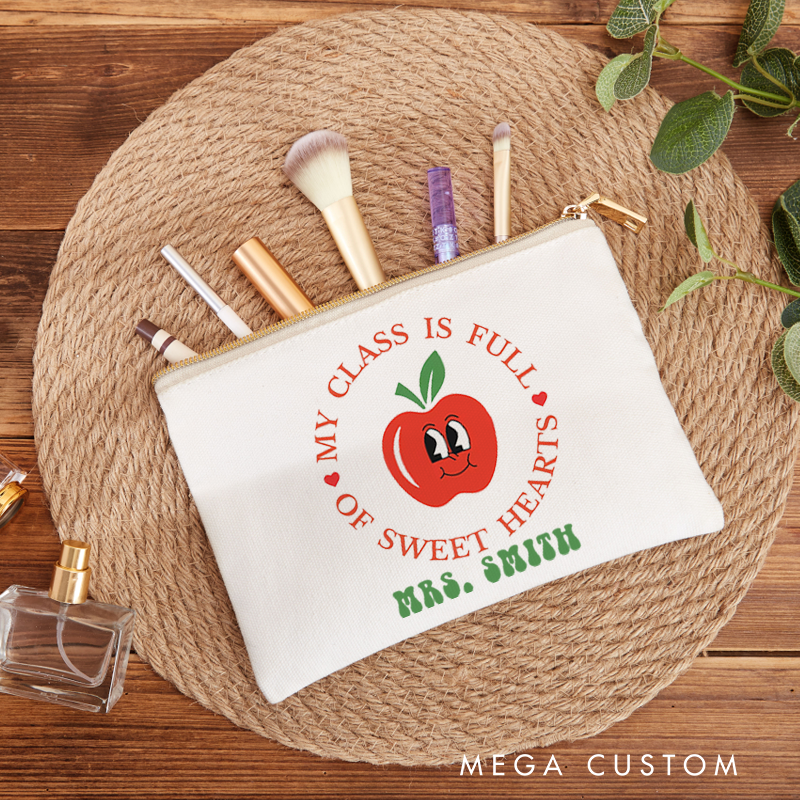Personalized My Class Is Full of Sweet Hearts Makeup Bag Teacher Gift with Cute Apple Design for Teachers
