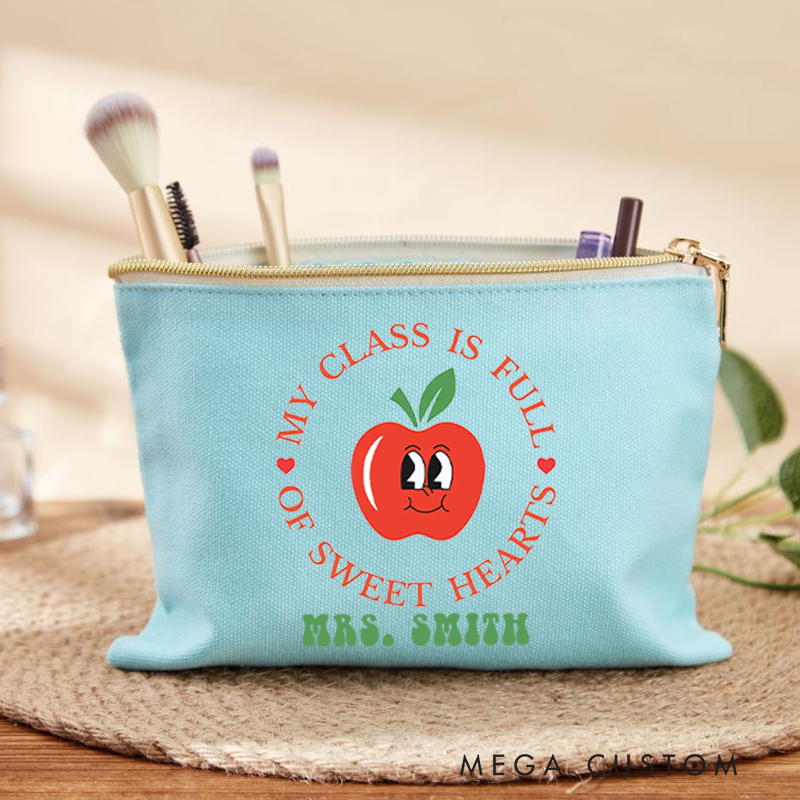 Personalized My Class Is Full of Sweet Hearts Makeup Bag Teacher Gift with Cute Apple Design for Teachers
