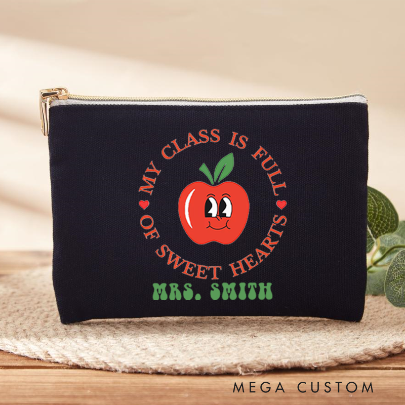 Personalized My Class Is Full of Sweet Hearts Makeup Bag Teacher Gift with Cute Apple Design for Teachers