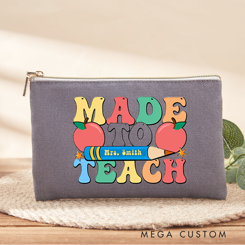 Personalized Made to Teach Makeup Bag Fun Colorful Design with Pencil and Apple Perfect for Teachers