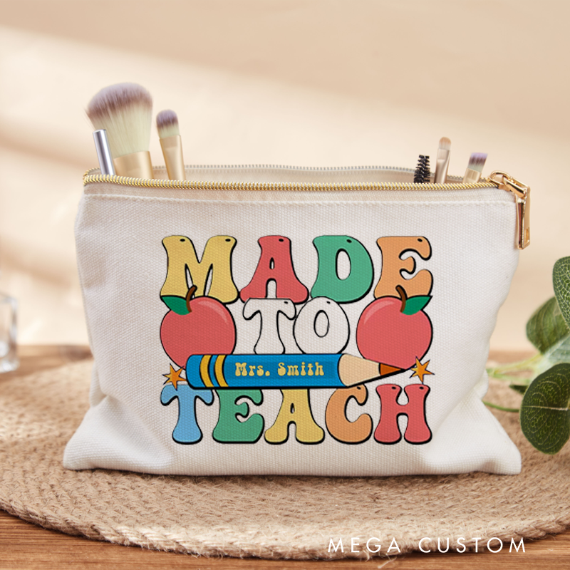 Personalized Made to Teach Makeup Bag Fun Colorful Design with Pencil and Apple Perfect for Teachers