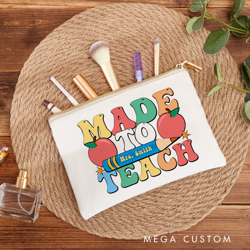 Personalized Made to Teach Makeup Bag Fun Colorful Design with Pencil and Apple Perfect for Teachers