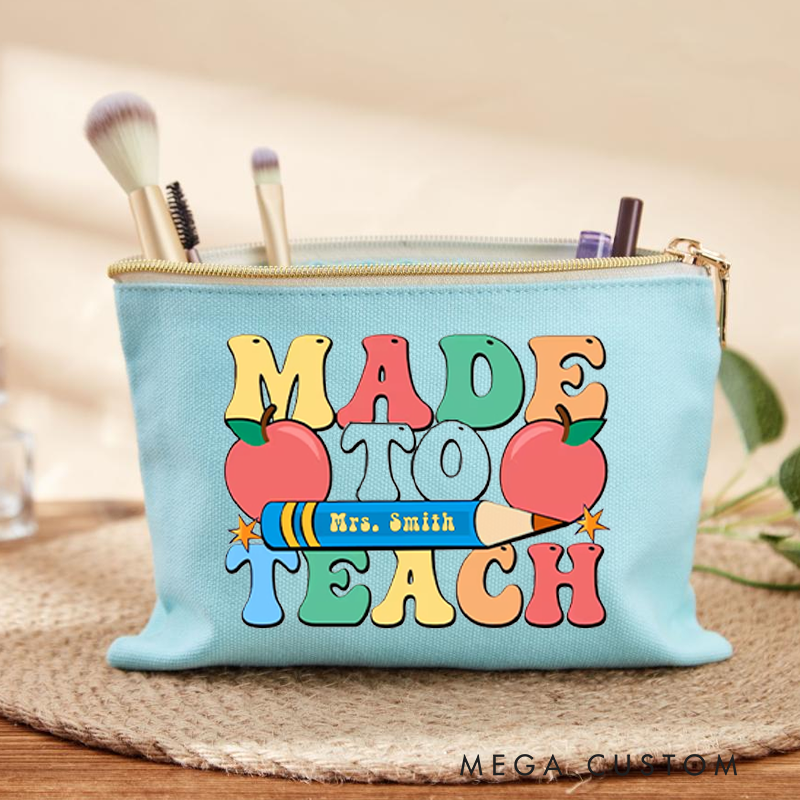 Personalized Made to Teach Makeup Bag Fun Colorful Design with Pencil and Apple Perfect for Teachers