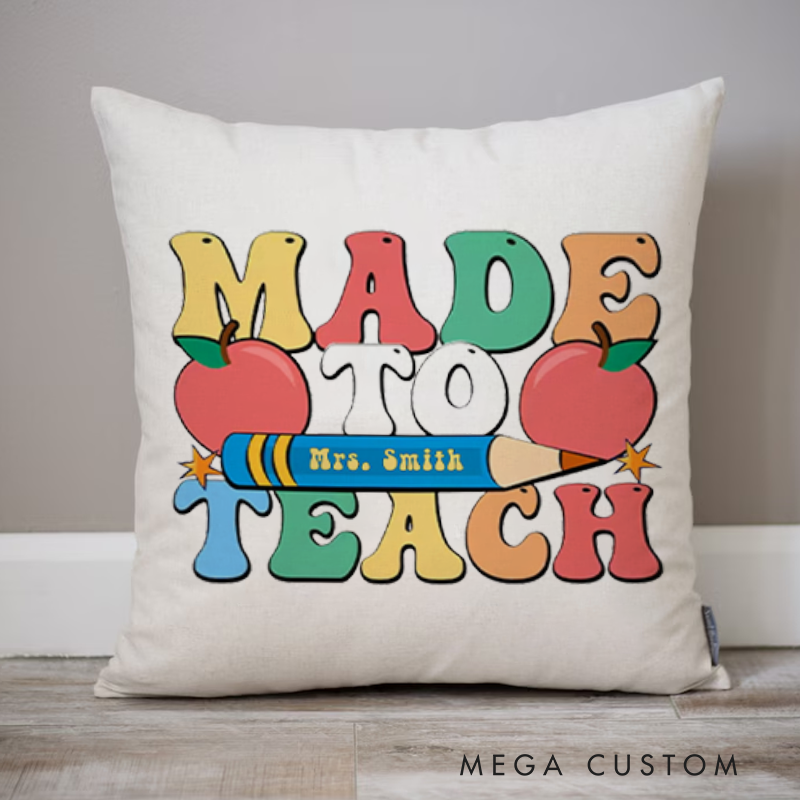 Personalized Made to Teach Throw Pillow Fun Colorful Design with Pencil and Apple Perfect for Teachers