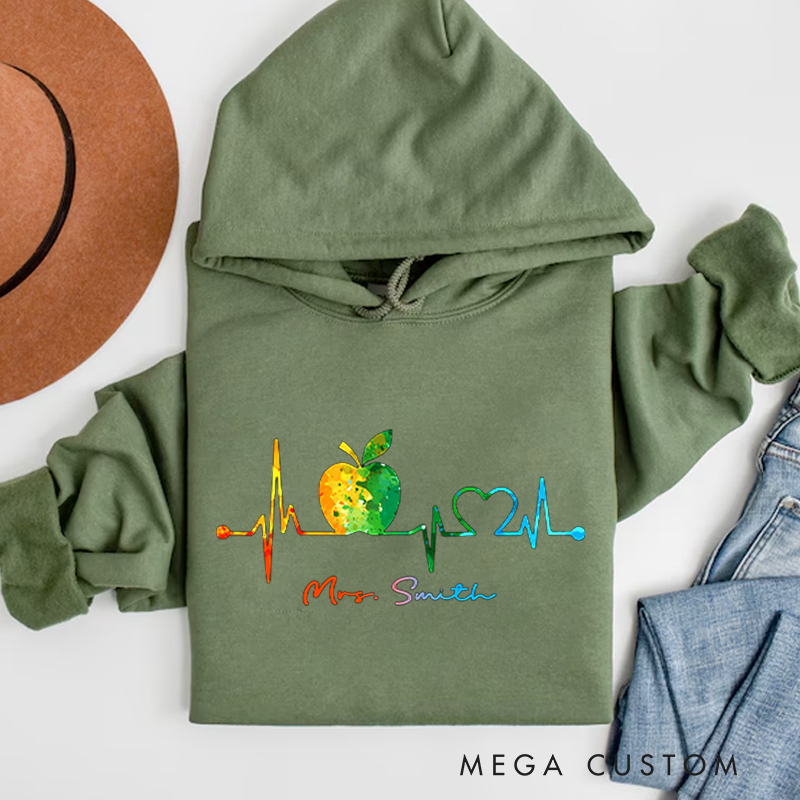 Personalized Teacher Heartbeat Hoodies Watercolor Apple and Heart Design Perfect Gift for Teachers