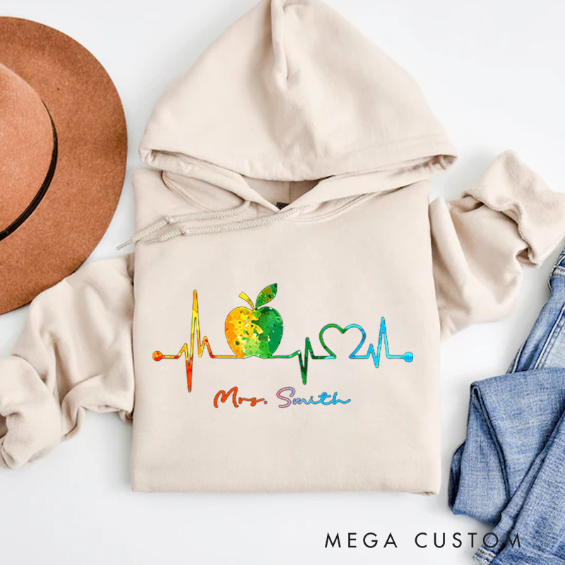 Personalized Teacher Heartbeat Hoodies Watercolor Apple and Heart Design Perfect Gift for Teachers