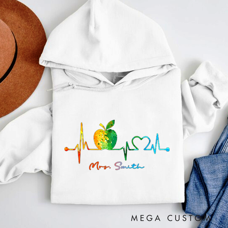 Personalized Teacher Heartbeat Hoodies Watercolor Apple and Heart Design Perfect Gift for Teachers