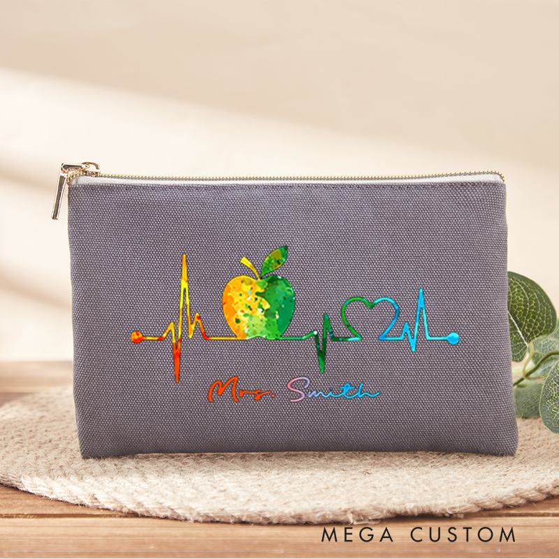 Personalized Teacher Heartbeat Makeup Bag Watercolor Apple and Heart Design Perfect Gift for Teachers
