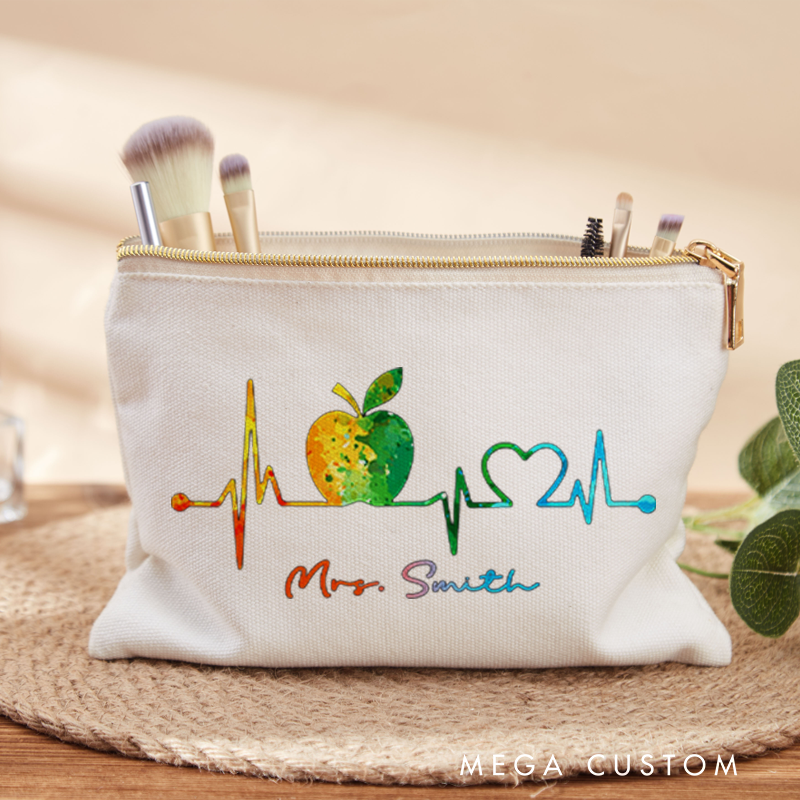 Personalized Teacher Heartbeat Makeup Bag Watercolor Apple and Heart Design Perfect Gift for Teachers