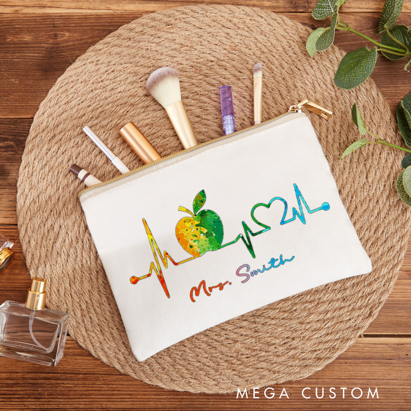 Personalized Teacher Heartbeat Makeup Bag Watercolor Apple and Heart Design Perfect Gift for Teachers