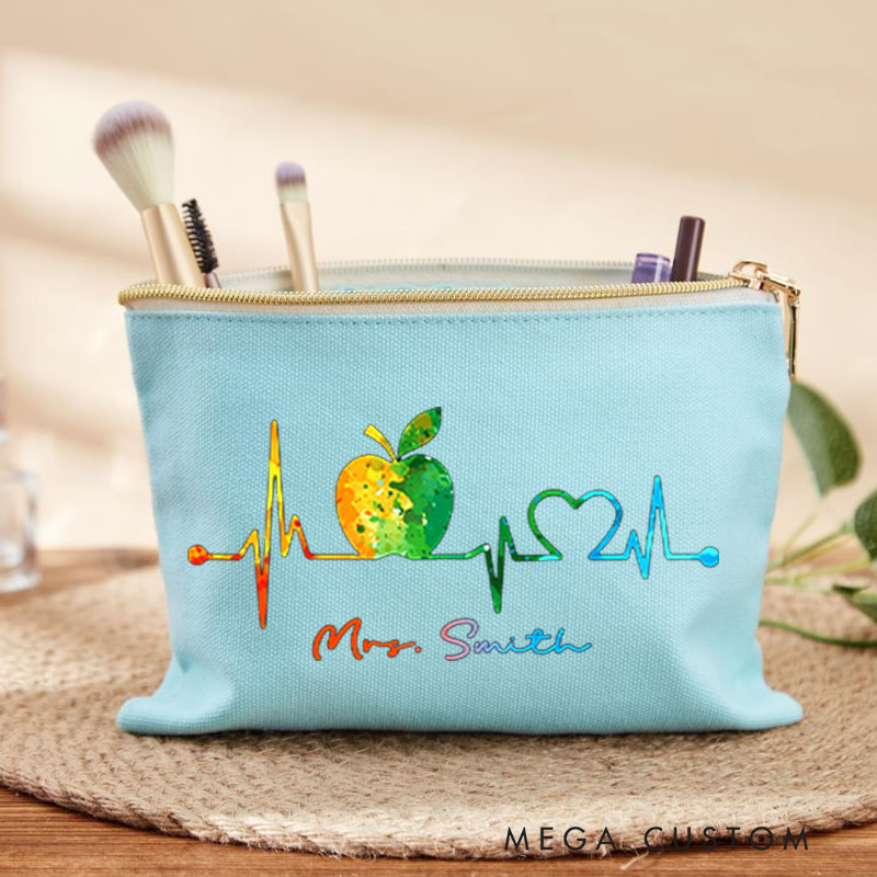 Personalized Teacher Heartbeat Makeup Bag Watercolor Apple and Heart Design Perfect Gift for Teachers