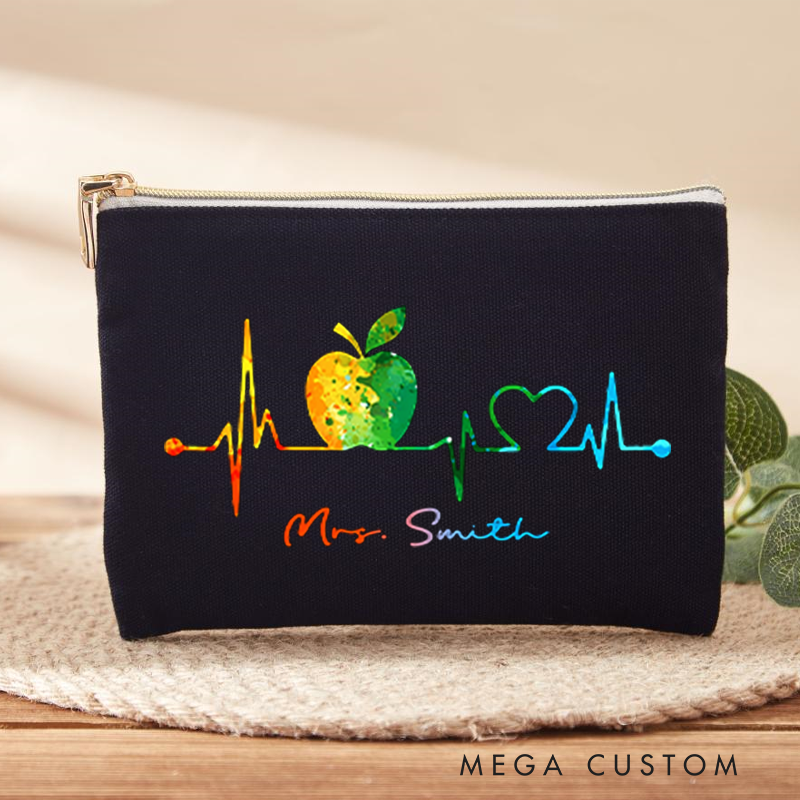 Personalized Teacher Heartbeat Makeup Bag Watercolor Apple and Heart Design Perfect Gift for Teachers