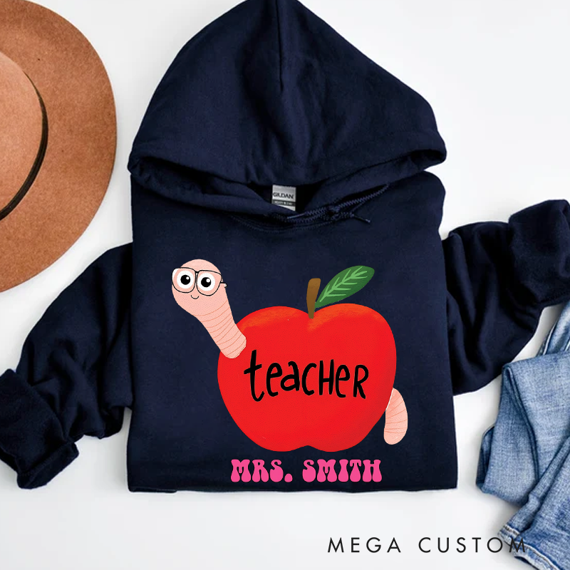 Personalized Teacher Apple with Cute Worm Design Hoodies Fun and Whimsical Gift for Teachers