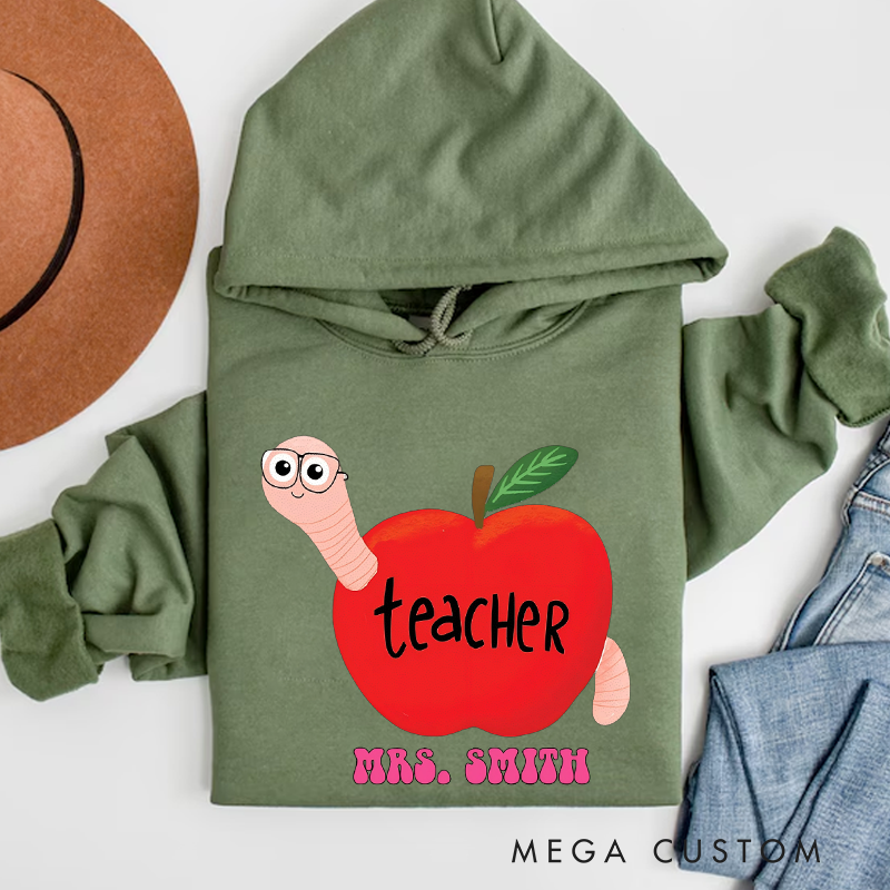 Personalized Teacher Apple with Cute Worm Design Hoodies Fun and Whimsical Gift for Teachers