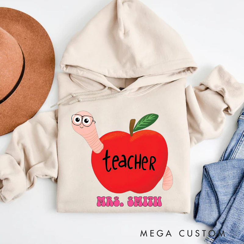 Personalized Teacher Apple with Cute Worm Design Hoodies Fun and Whimsical Gift for Teachers