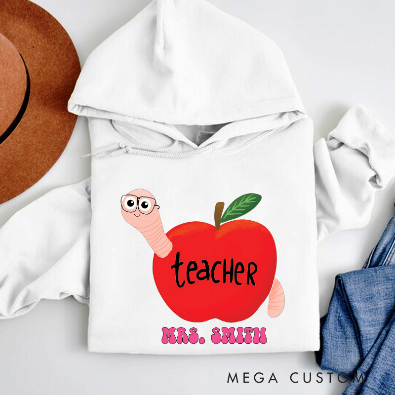 Personalized Teacher Apple with Cute Worm Design Hoodies Fun and Whimsical Gift for Teachers