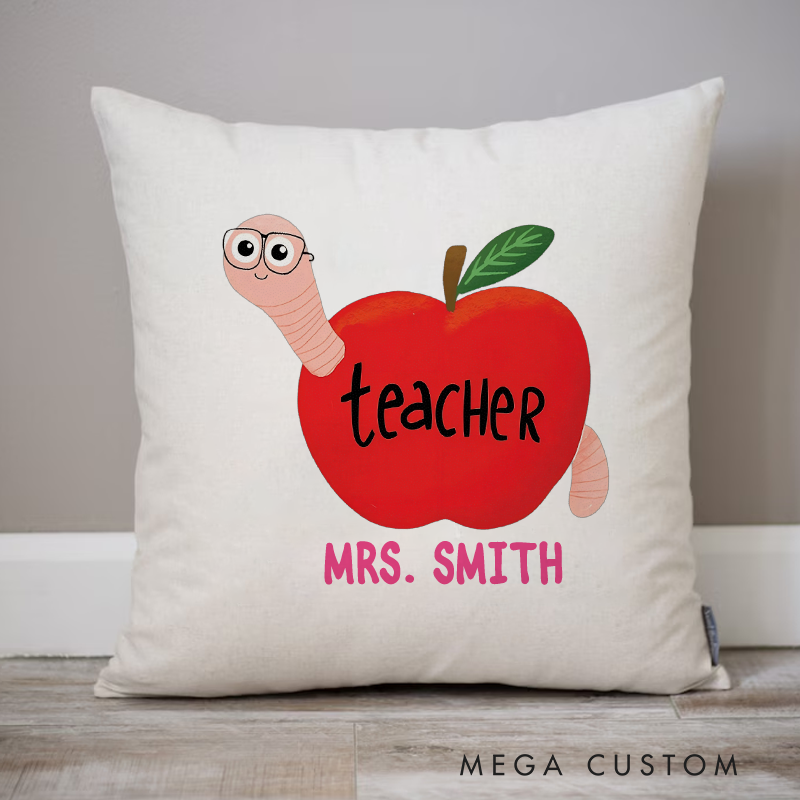 Personalized Teachers Apple with Cute Worm Design Throw Pillow Fun and Whimsical Gift for Teachers