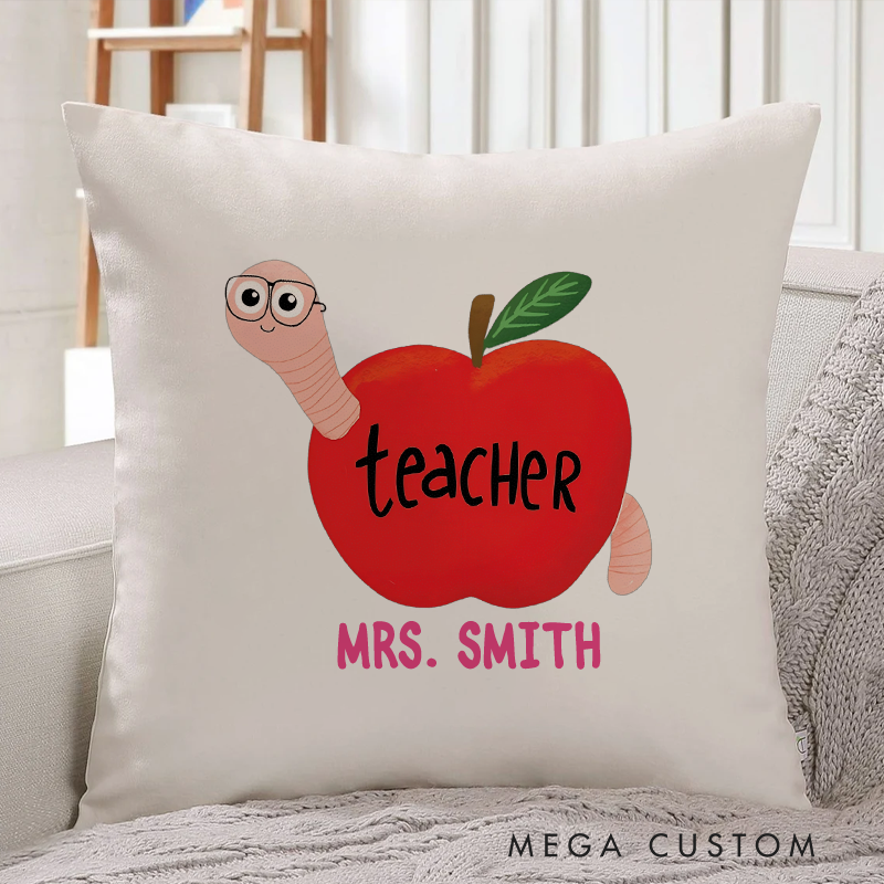 Personalized Teachers Apple with Cute Worm Design Throw Pillow Fun and Whimsical Gift for Teachers