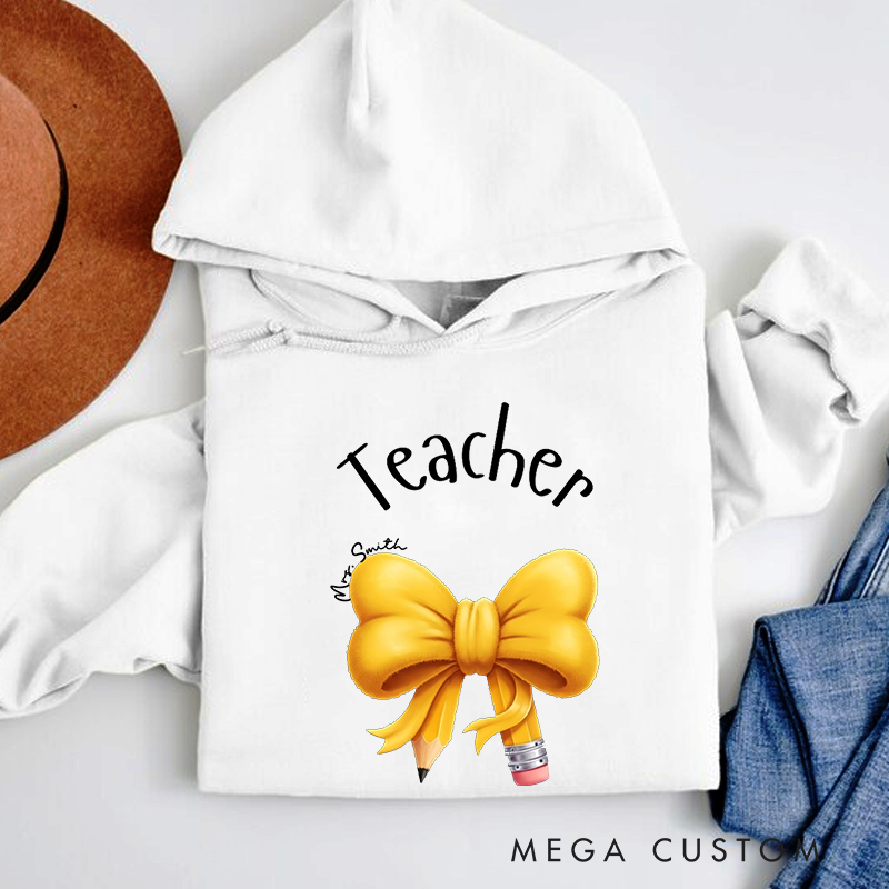 Personalized Teacher Hoodies Yellow Bow and Pencil Design Thoughtful Stylish Gift for Teachers