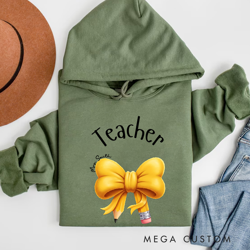 Personalized Teacher Hoodies Yellow Bow and Pencil Design Thoughtful Stylish Gift for Teachers