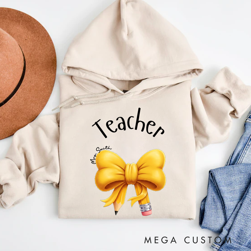 Personalized Teacher Hoodies Yellow Bow and Pencil Design Thoughtful Stylish Gift for Teachers