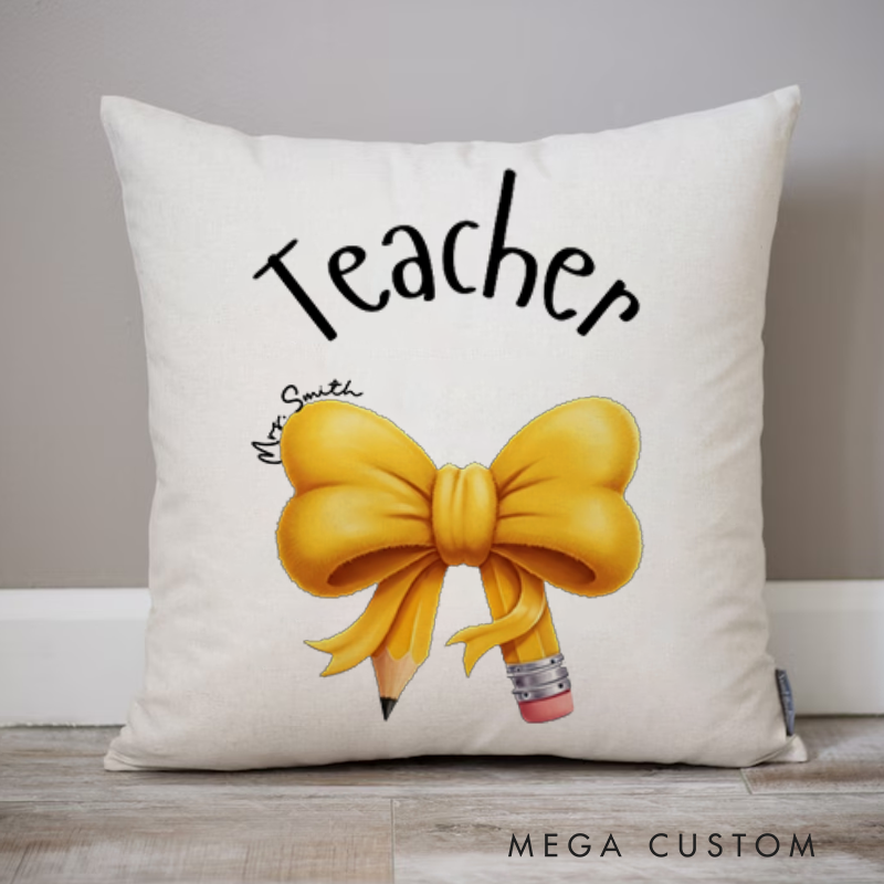 Personalized Teachers Throw Pillow Yellow Bow and Pencil Design Thoughtful Stylish Gift for Teachers