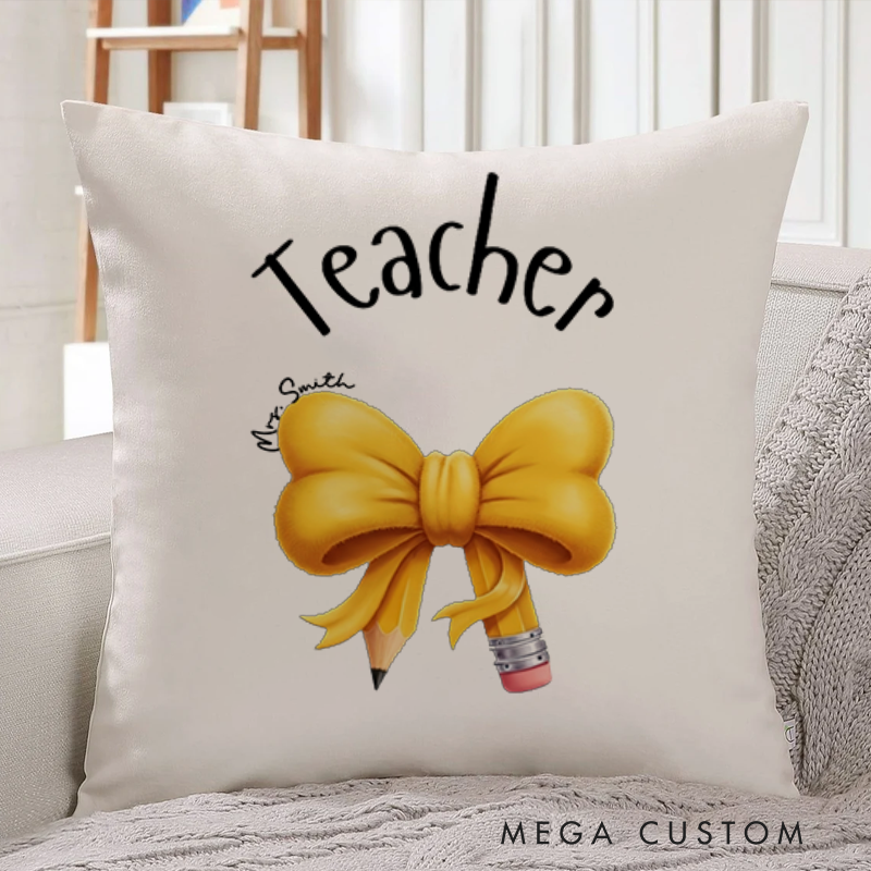 Personalized Teachers Throw Pillow Yellow Bow and Pencil Design Thoughtful Stylish Gift for Teachers