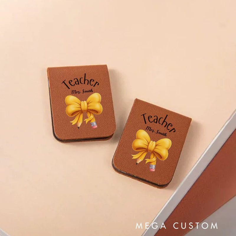 Personalized Teacher Leather Magnetic Bookmark Yellow Bow and Pencil Design Thoughtful Stylish Gift for Teachers